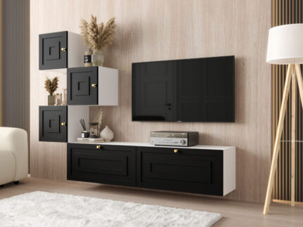 Meblościanka MDF Zestaw Szafek RTV 185X140X35 CM - Opcja Własnej Konfiguracji - Fronty Frezowane 18 MM DAKOTA